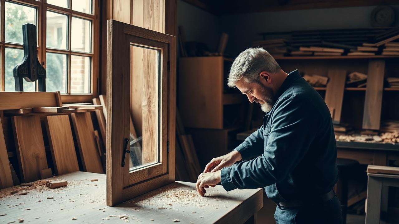 Artisan menuisier façonnant une fenêtre en chêne sur mesure dans son atelier