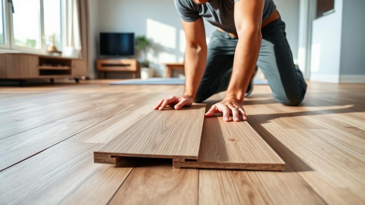 Pose de lames de parquet flottant clipsable dans un salon