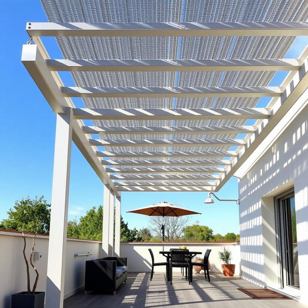 Pergola bioclimatique aluminium à lames orientables sur une terrasse moderne au Mans